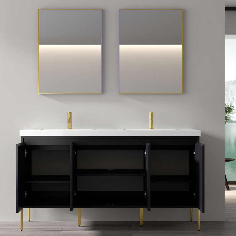 Raelynne 60.9'' Double Bathroom Vanity with Resin Top, White, Charcoal, Gold