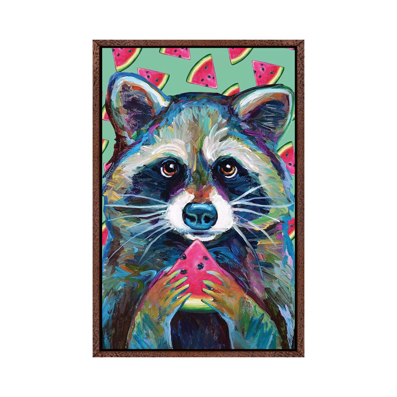 Watermelon Raccoon by Robert Phelps - Print on Canvas, 66.04 cm H x 45.72 cm W, Classic Brown Wood Framed