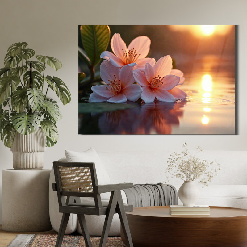 Art mural en verre trempé fleur rose, 8" H x 12" W