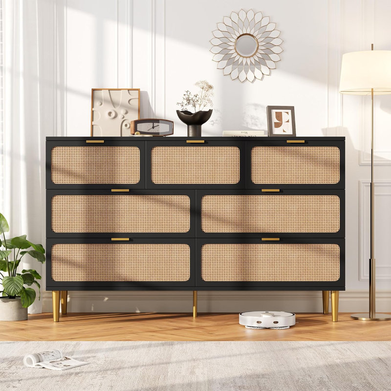 Commode 7 tiroirs en rotin pour chambre à coucher, commode haute avec tiroirs profonds, Noir