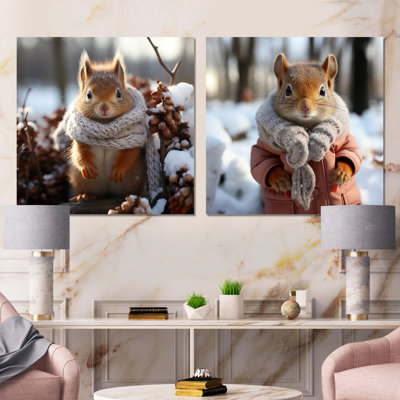 Mignon écureuil avec écharpe dans la neige I - Ensemble de 2 décorations murales carrées en métal écureuil