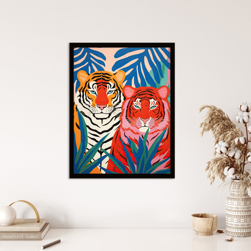 Seeing Red Tigers Waiting To Pounce Behind Plants Vibrant - Single Picture Frame Print