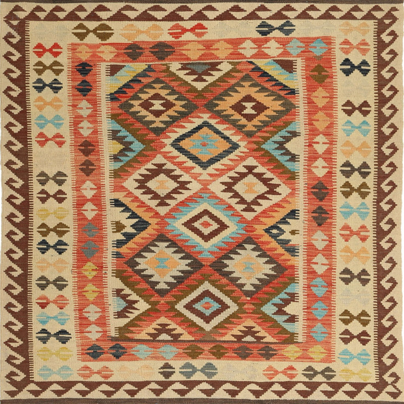 Tapis gris/rouge/crème contemporaine, Carré 8 pi