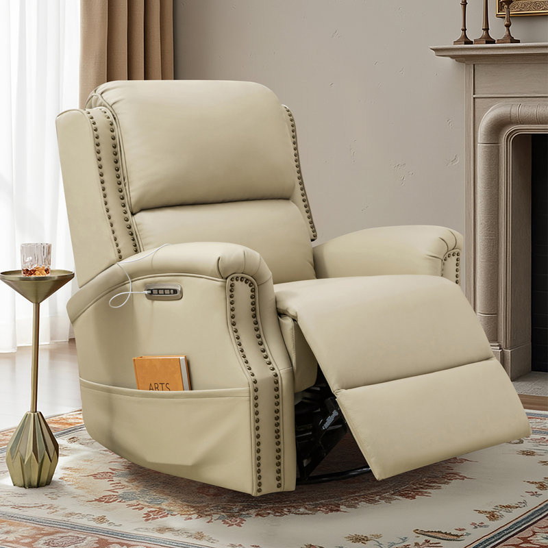 Bouton Traditional Genuine Leather Power Swivel Glider Recliner, Beige