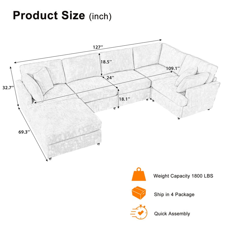 Ensemble de canapé modulaire en forme de U 127 "en forme de U avec repose-pieds mobile, ensemble de 6 pièces en chenille
