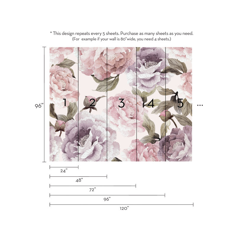 Senger Bloom Peel and Stick Wallpaper Panel, 96" L x 120" W, Pink/Purple