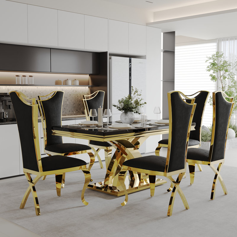 Ensemble de table de salle à manger luxueux noir et or avec 6 chaises de salle à manger en velours noir
