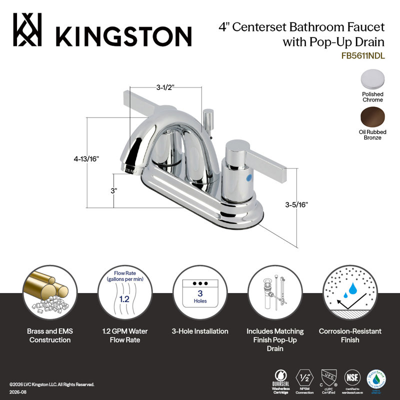 Robinet de salle de bain central à 4 poignées à 3 trous à fixation sur le comptoir à 3 trous Kingston, Bronze huilé