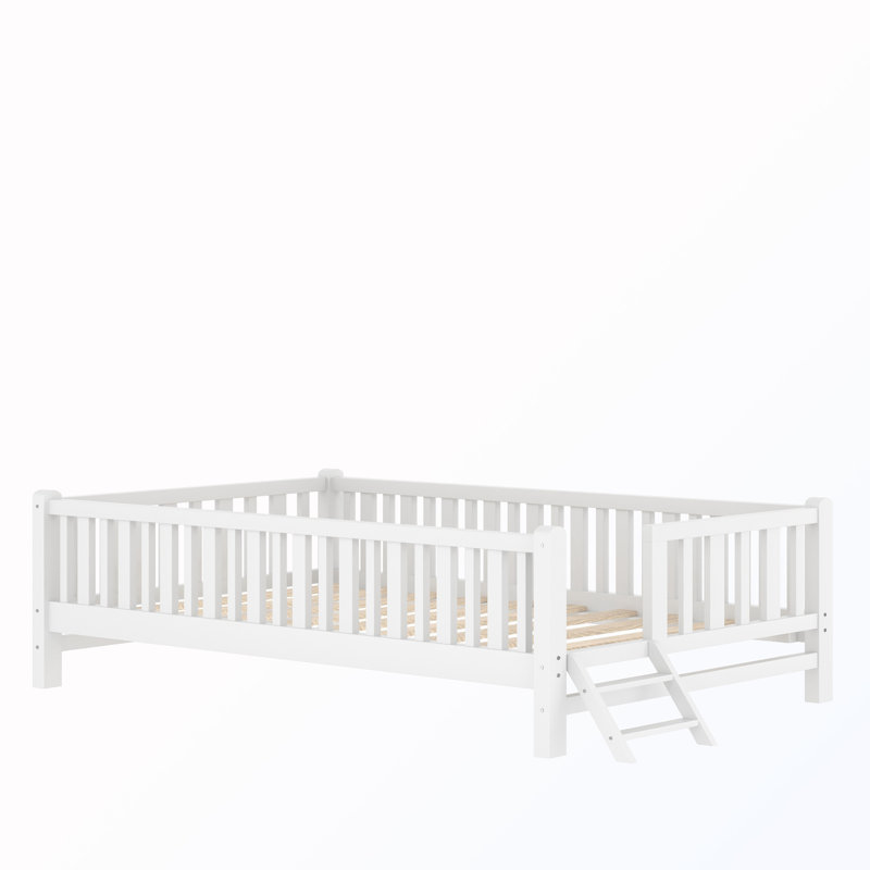 Wooden Twin Size Bed With Guardrail, White