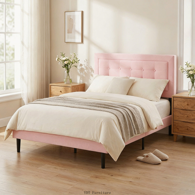Structure de lit double tapissier pleine grandeur avec tête de lit capitonnée carrée, structure de lit facile à assembler pour la chambre à coucher, rose