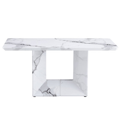 Modern Rectangular Dining Table with White Marble Pattern MDF Tabletop and O Shaped Pedestal Base, Heavy Duty Dining Table Seats 4 to 6 for Kitchen Di