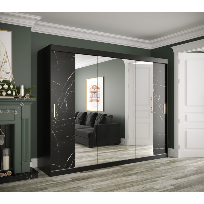 Amandajean Manufactured Wood Wardrobe, Black Matt/Black Matble, 200cm H x 250cm W x 62cm D