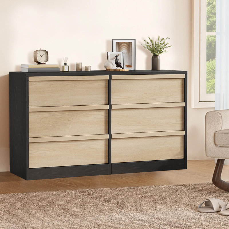 Grand coffre de rangement à 6 tiroirs avec rangement pour chambre à coucher en bois | Poignées en bois lisse, conception concave, bois durable, largeur de 46,7 po, vestibule de salon de chambre à coucher, assemblage facile