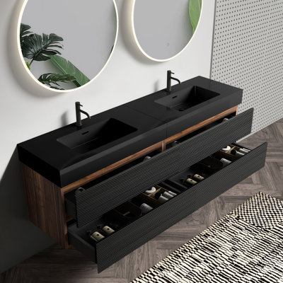 Meuble-lavabo moderne de 183 cm avec lavabo noir mat, tiroirs à fermeture amortie, double vasque, quatre grilles et jointures en noyer, panneaux de qualité E1, finition à base d'eau E0, poignée centrale dissimulée, bonde en forme de U.