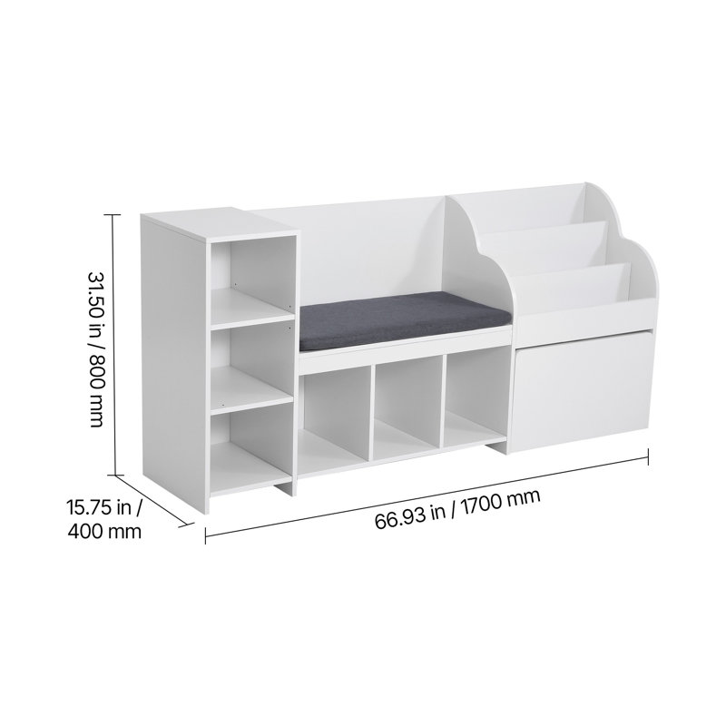 Banc de rangement pour enfants avec dossier, coffre de rangement pour jouets en bois blanc avec 6 compartiments, bibliothèque à 3 niveaux et tiroir, 66,9 x 15,8 x 31,5 po