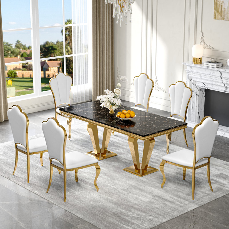 7-Piece Dining Table Set with Marble Veneer Tabletop and PU Leather Chairs – Modern Dining Room Furniture, Seats 6