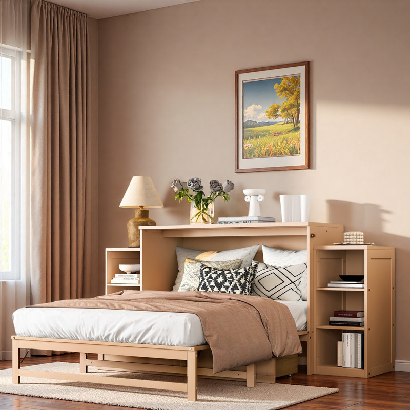 Lit escamotable avec tiroirs de rangement spacieux et tablettes ouvertes, Doré