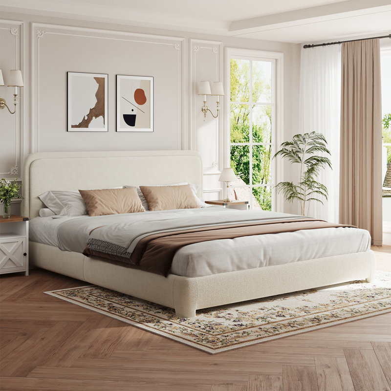 Bensu Boucle Upholstered Platform Bed，3-Piece Bedroom Sets, White Cream, King