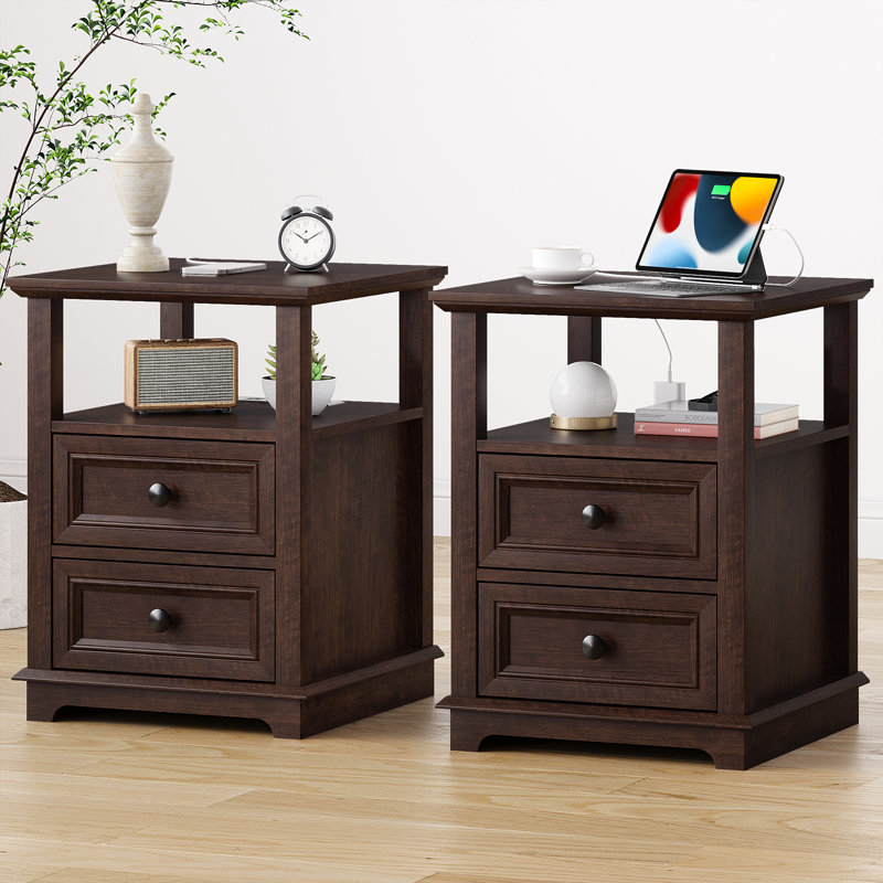Azella Frame 2 End Table Set with Storage and Built-In Outlets, Cherry Top/Cherry Base