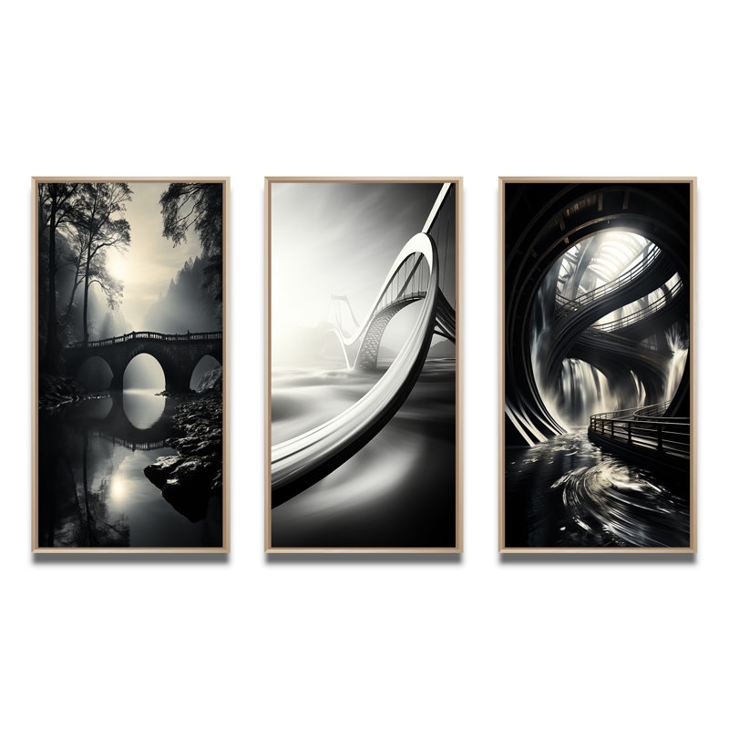 «Grey Bridge Of Serenity», 3 pièces sur toile, Encadré naturel, H 28 po x l 36 po