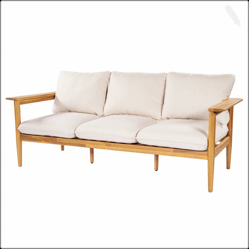 Canapé d'extérieur 3 places en bois d'acacia durable avec coussins beiges confortables pour une détente élégante sur le patio