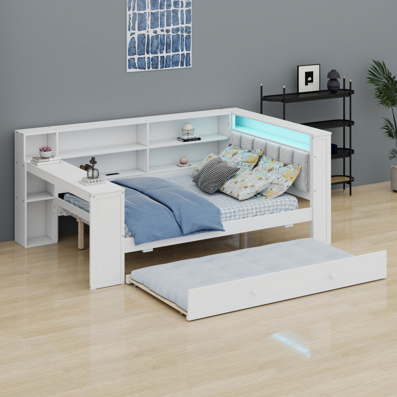Wood  Platform Bed With Storage Shelves, Trundle, Charging Station, LED, Desk And Upholstered Headboard