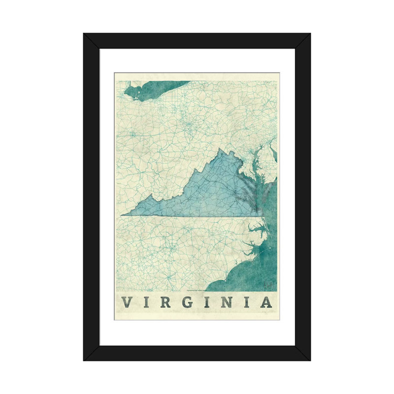 «Virginia Map», impression sur toile, H 24 po x l 16 po x P 1 po, Papier d'art encadré noir, Blanc