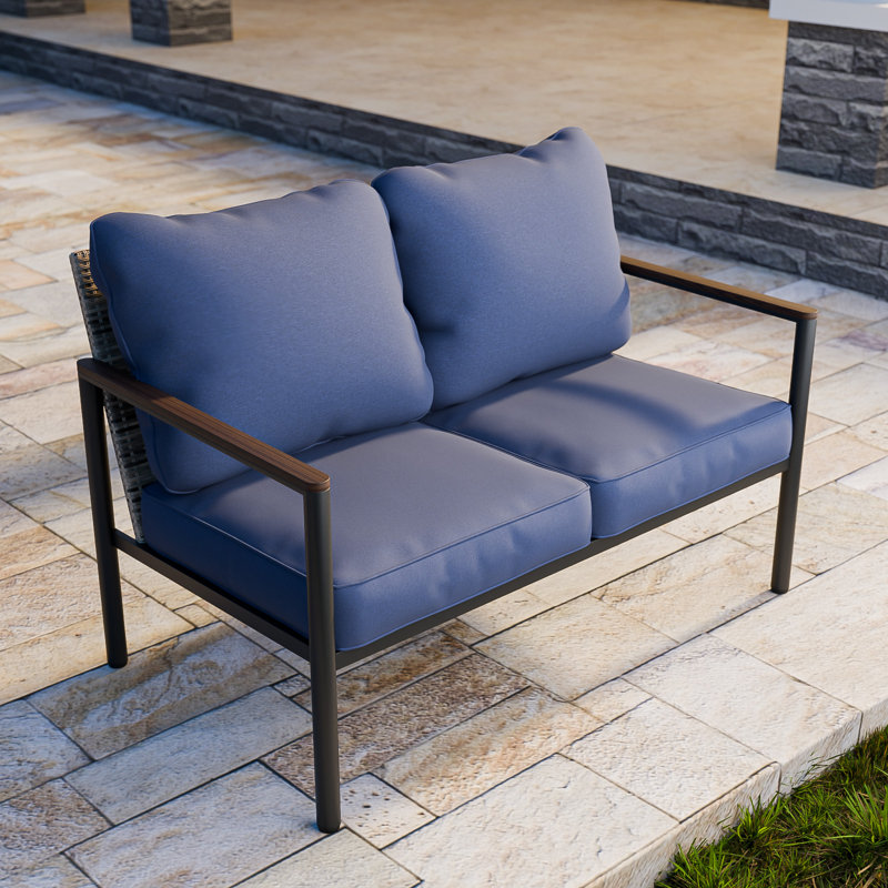 Causeuse avec accoudoirs et coussins en bois, Bleu