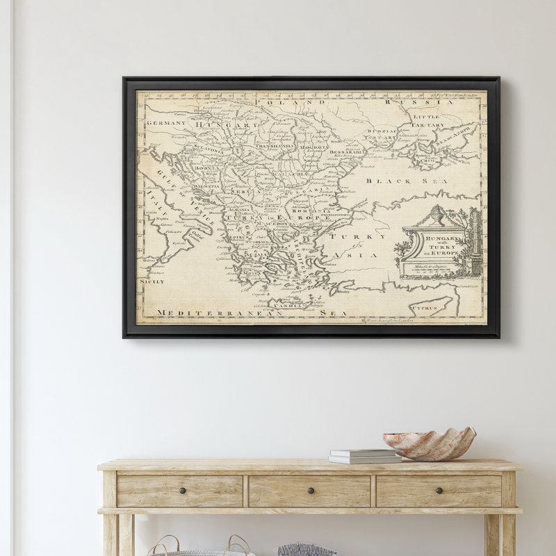 Carte de la Hongrie et de Turquie-impression d’art graphique sur toile encadrée, H 26,5 po x l 36,5 po x P 1,5 po, Cadre noir