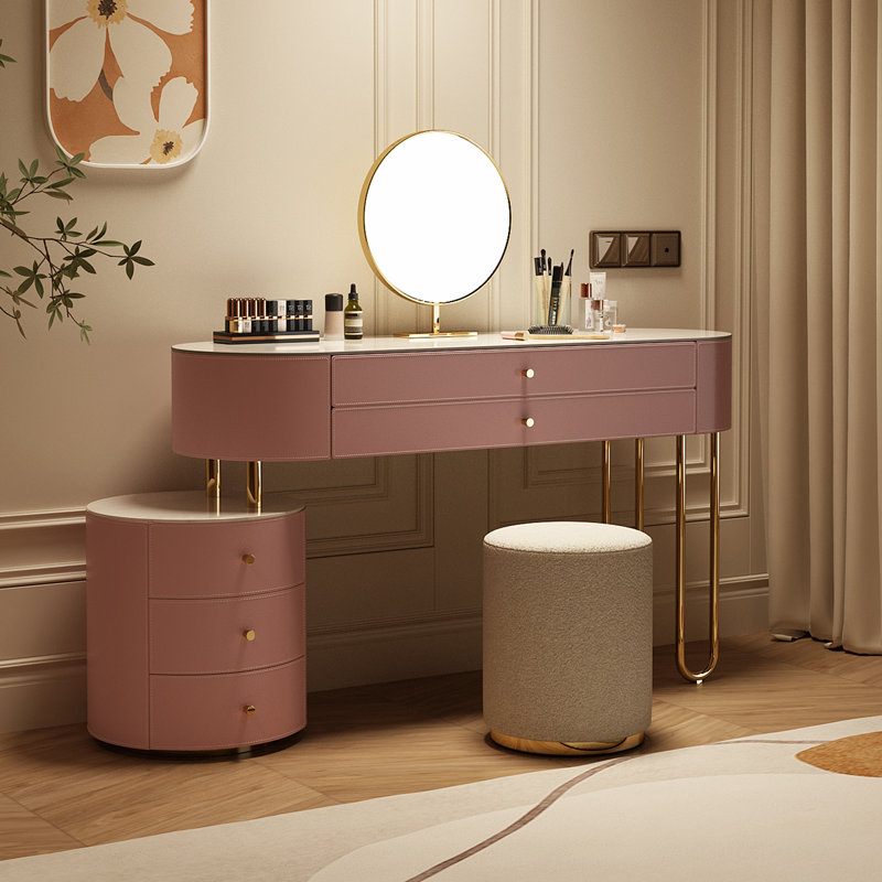 Jahnea Vanity-Elegant Set: Saddle Leather-Finished Top Vanity Table & Stool, Stainless Steel Support, Reversible Installation, and Dimmable LED Mirror