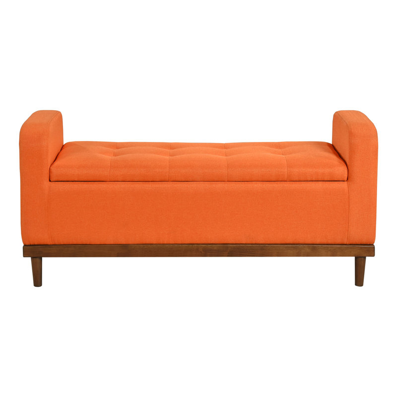 Banc de rangement de chambre à coucher de style moderne Mid-Century avec plateau relevable rembourré orange, plateau en bois de noyer massif