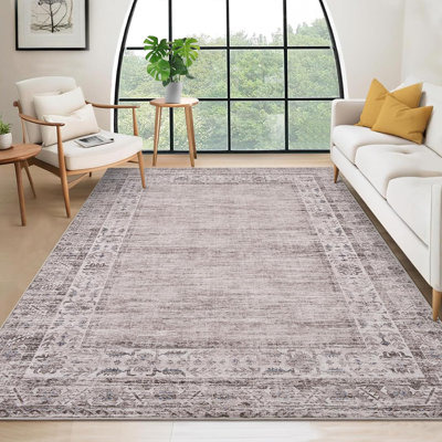 Tapis décoratif lavable à bordure antidérapante à poils courts et antidérapant Boho pour cuisine, couloir, salon, chambre à coucher, taupe / brun.
