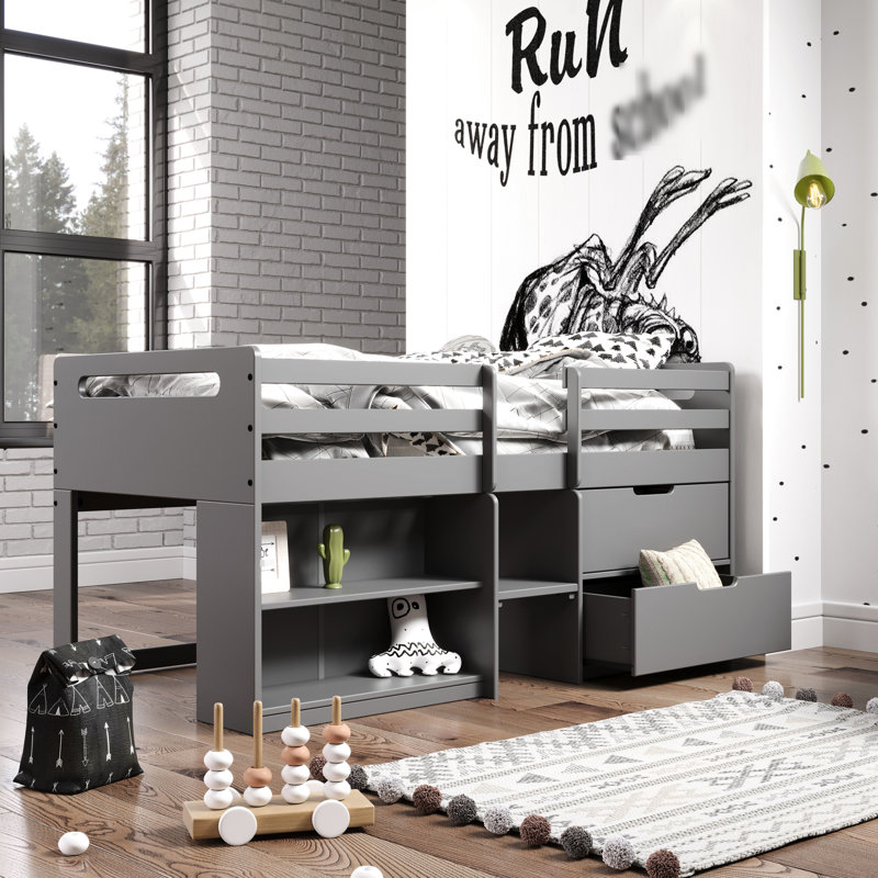 Lit mezzanine simple gris avec espaces de rangement pratiques - Maximisez l'utilisation de l'espace dans votre chambre à coucher