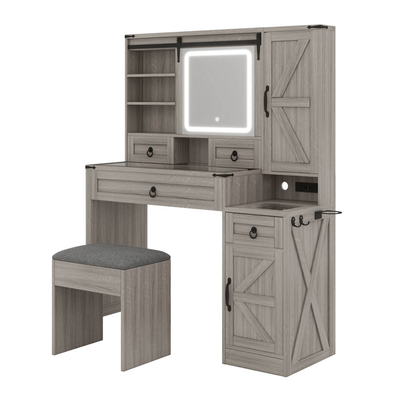 Bureau de coiffeuse avec miroir et lumières à DEL Farmhouse, grande coiffeuse avec tiroirs, coiffeuse, Gris