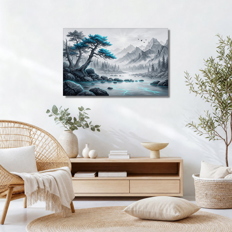 Tableau sur toile représentant un paysage de montagne brumeux avec un pin bleu, 32"H x 48"W