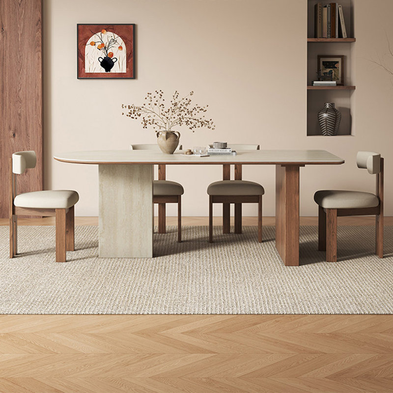 Beige-blanc + brun demi-cercle fritté pierre + solide + table de salle à manger en bois manufacturé