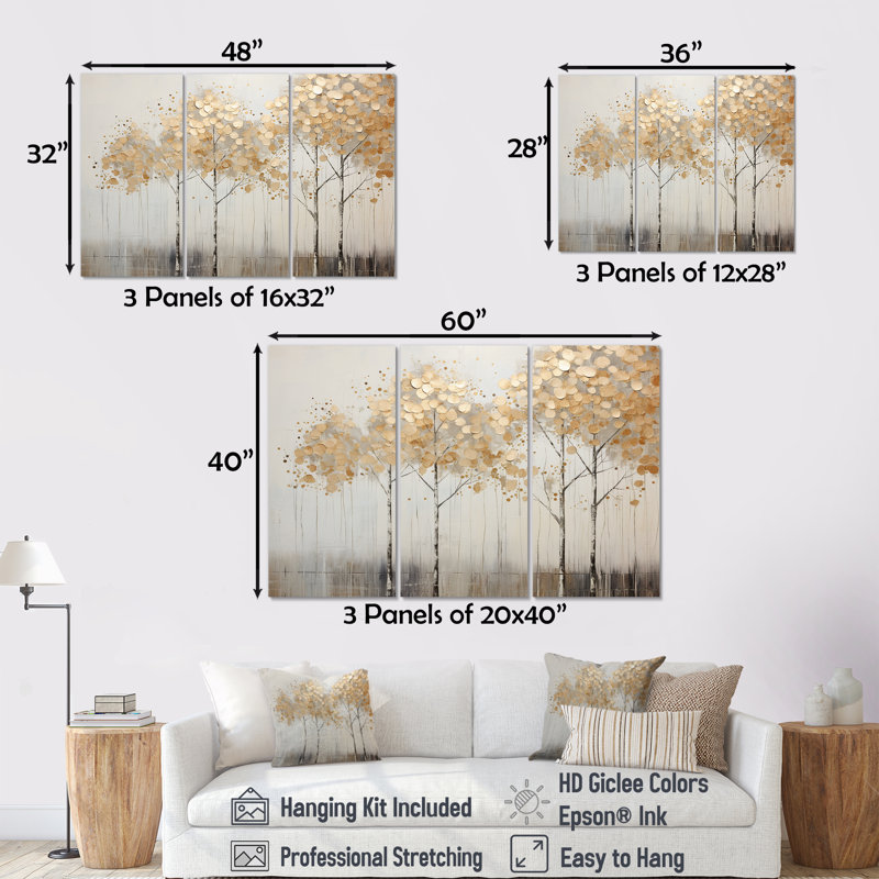 Minimalisme Golden Trees Tranquility - ensemble d'art mural toile sur arbre, H 28 po x l 36 po x P 1 po