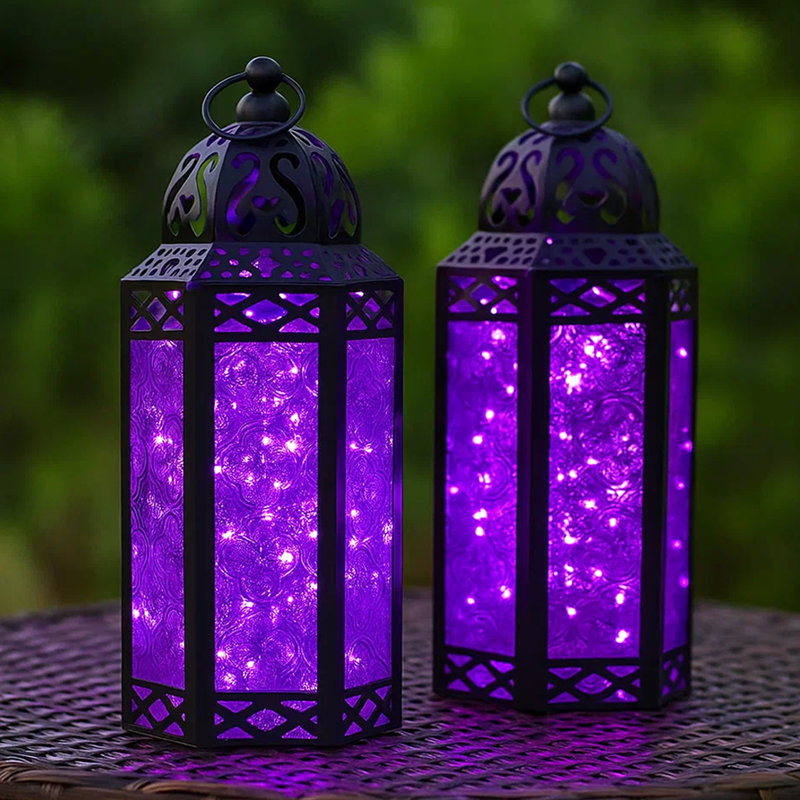 Decorative Moroccan Candle Lantern with LED Fairy Lights, 10" H x 4.4" W x 3.8" D, Black/Purple