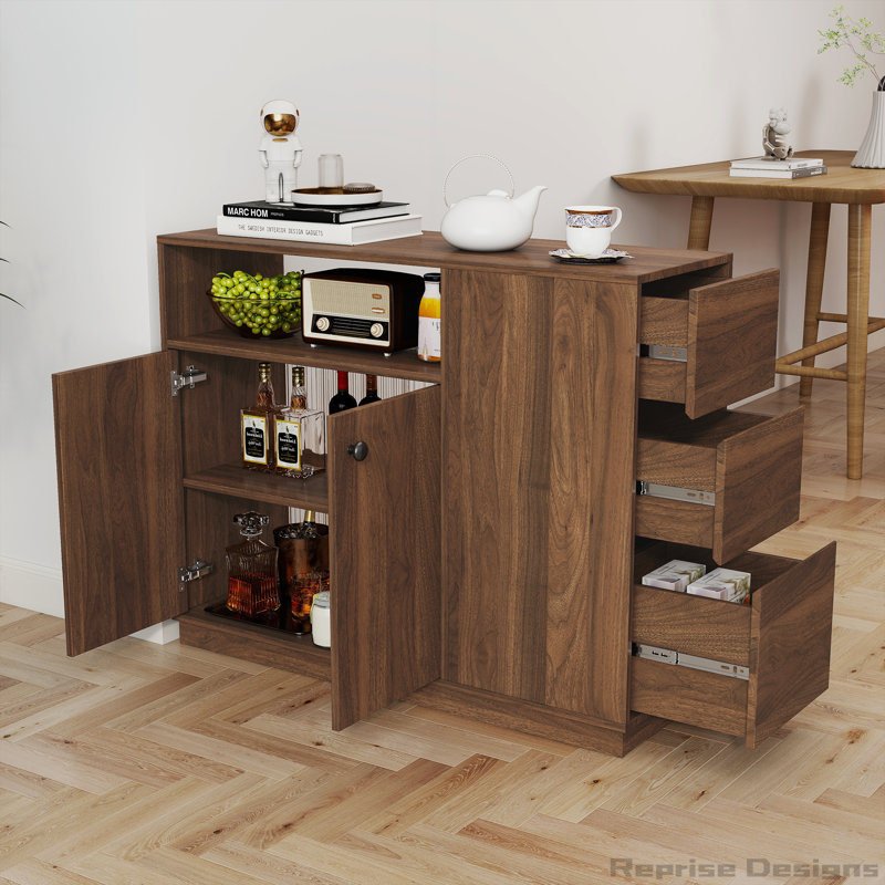 Armoire de table avec 2 portes coulissantes en verre et 3 tiroirs latéraux