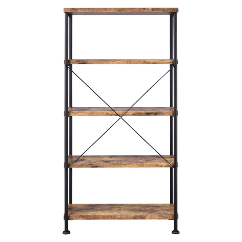 Bibliothèque à 4 tablettes avec finition rustique muscade, structure thermolaquée noire, style industriel ouvert, surface facile à nettoyer, tablettes en bois d'ingénierie durables, surface d'entretien