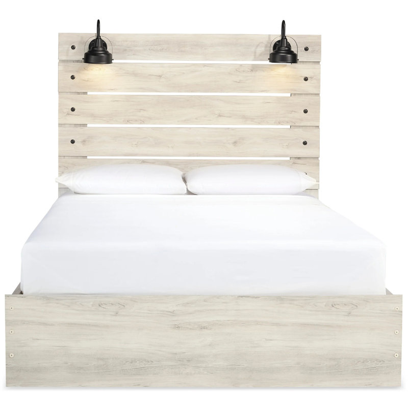Grand lit à panneau rustique Cemy, 2 appliques et 4 tiroirs, blanc délavé, Grand