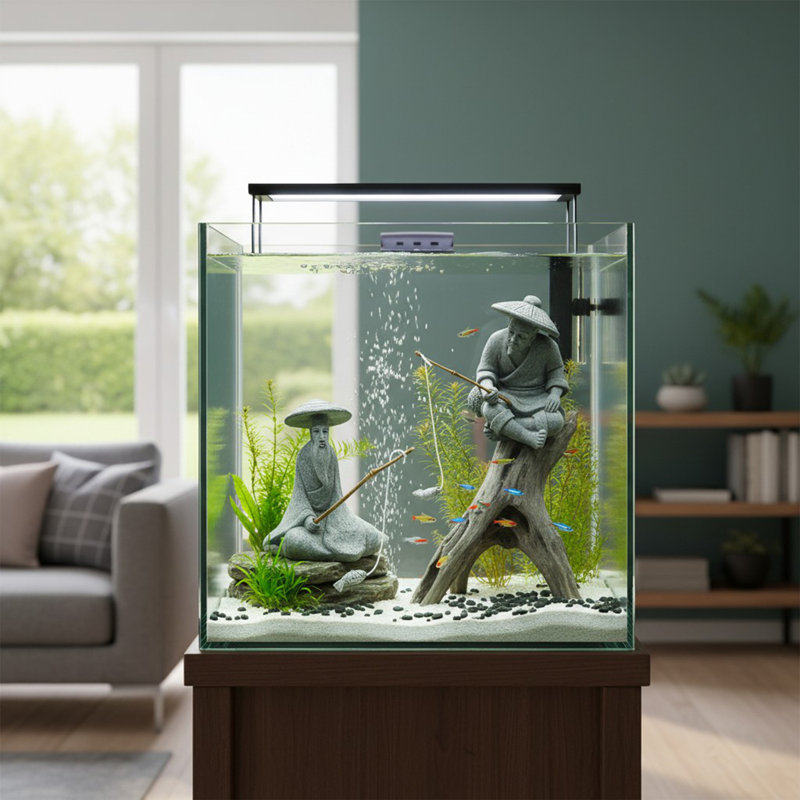 Ensemble de 2 figurines de pêche, grès asiatique zen pour aquarium, pot de jardin et maison, mini statue de pêcheur