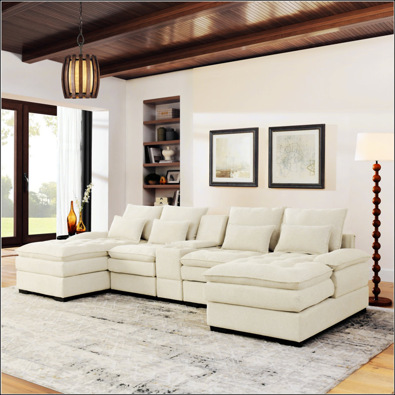 Canapé en U avec console et porte-gobelets, meubles de salon rembourrés à 6 places, ensemble de canapé-lit avec méridienne pour les maisons modernes