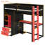 Lit mezzanine simple en bois massif avec bureau, armoire, meuble de rangement, éclairage DEL contrôlé par application et ports USB, noir et rouge-531253751-531253754