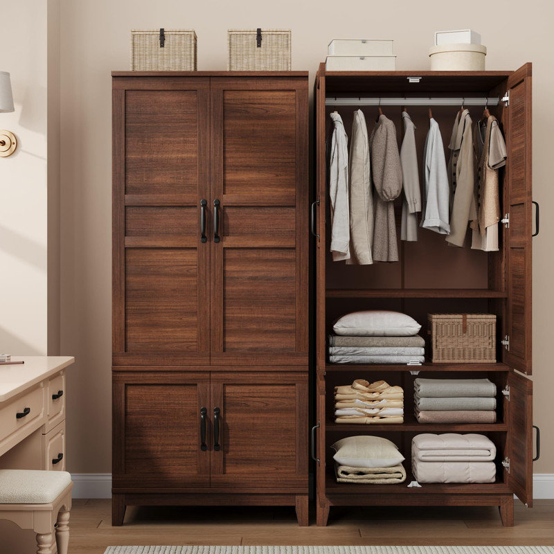 Armoire 72 po à 4 portes avec tringle et tablettes réglables, Noyer