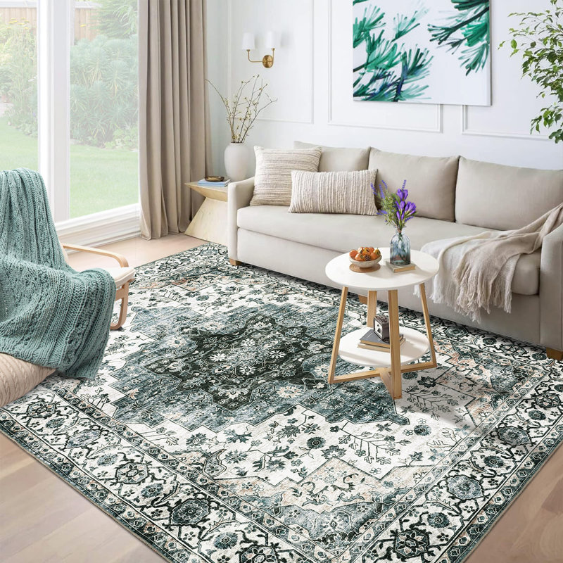 Vintage Machine Washable Rug for Living Room Bedroom Oriental Floral Non-Slip Low Pile Rubber Backing Area Rug for Playroom Office Kitchen Dining Room Dorm and Bedside Decor