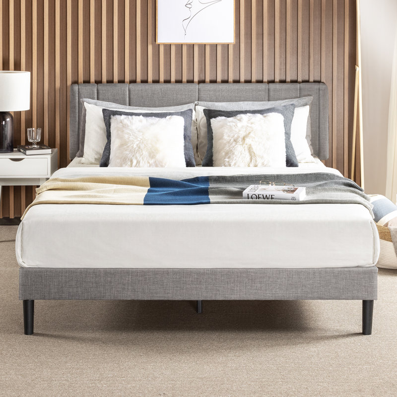 Upholstered Platform Bed with Vertical Channel Tufting, King, Light Gray