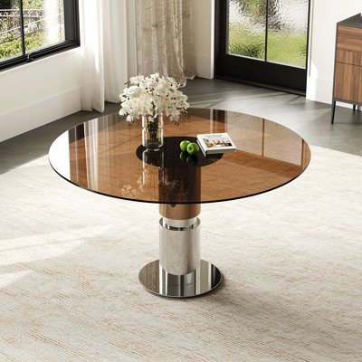 35-Inch Round Glass Dining Table, Tempered Glass Tabletop, Stainless Steel Legs, Suitable For 2-4 People. Dark Brown Small Round Dining Table, Suitable For Restaurants And Apartments.