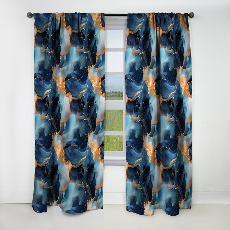 Blue and Gold Celestial Radiance Marble Bliss - Rideau occultant en marbre abstrait - 1 panneaux, L 52 po x L 90 po