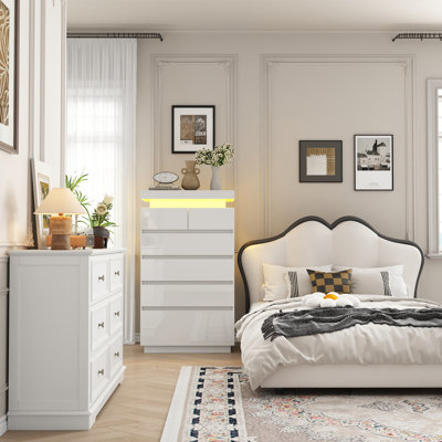 Ensemble de rangement vintage 2 pièces pour chambre à coucher avec commode haute à 6 tiroirs et commode à 6 tiroirs éclairées par DEL